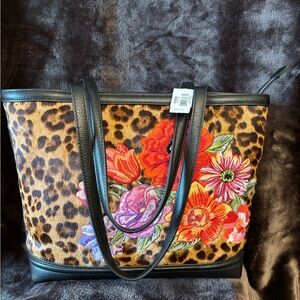 NWT - BRIGHTON Lex Tote Uptown Spots Black Leather Embroidered Flowers